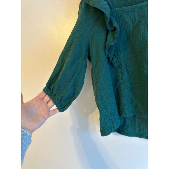 Evereve Francine Ruffle Gauze Emerald Green 3/4 Sleeve 100% Cotton Blouse XS - Picture 5 of 7